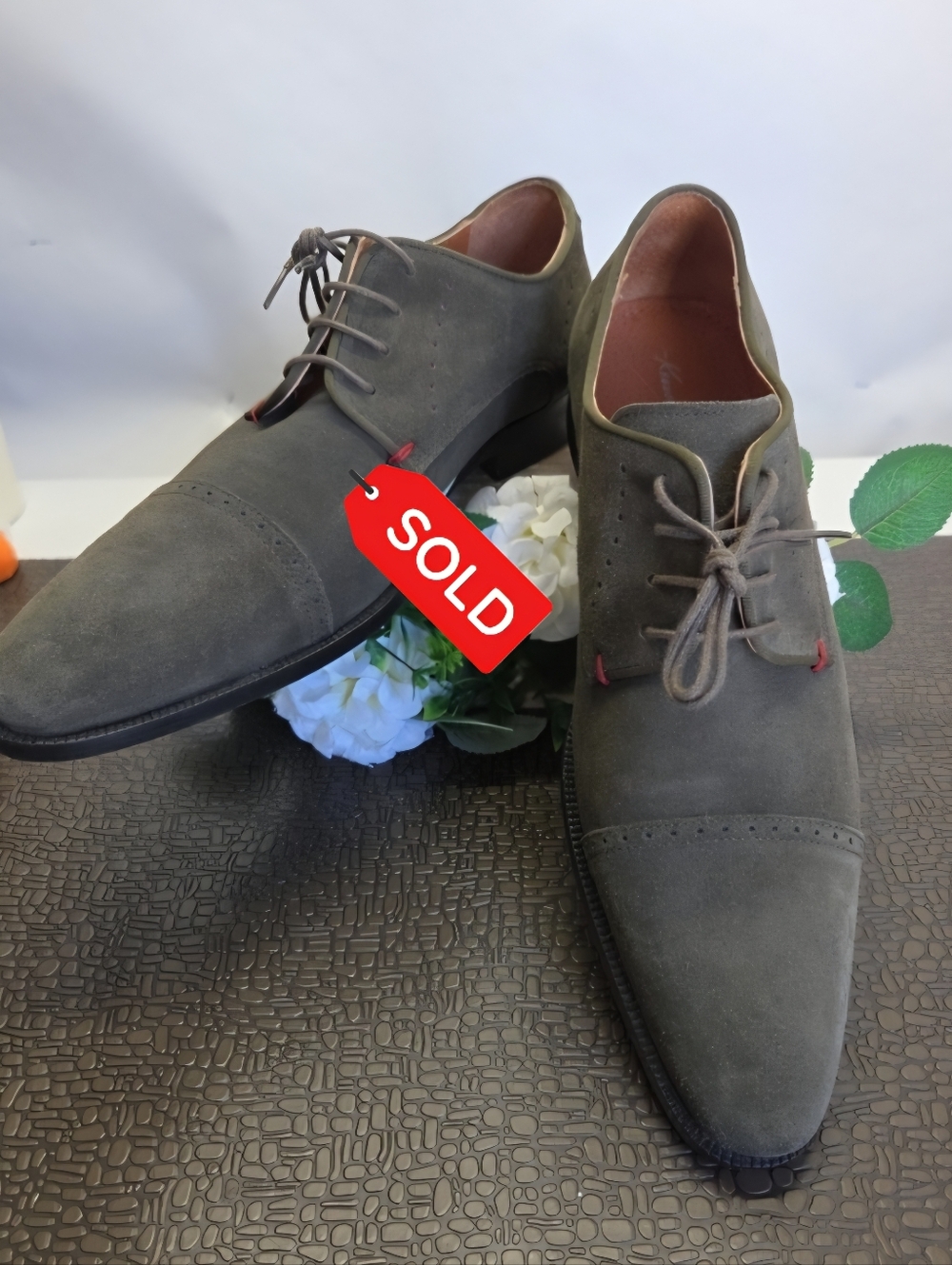 SOLD.....Kenneth Cole New York Olive Suede Cap-Toe Derby Shoes